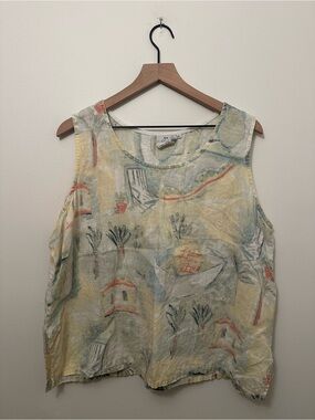 Hot Cotton by Marc Ware 100% Linen Coastal Print Flowy Tank Top